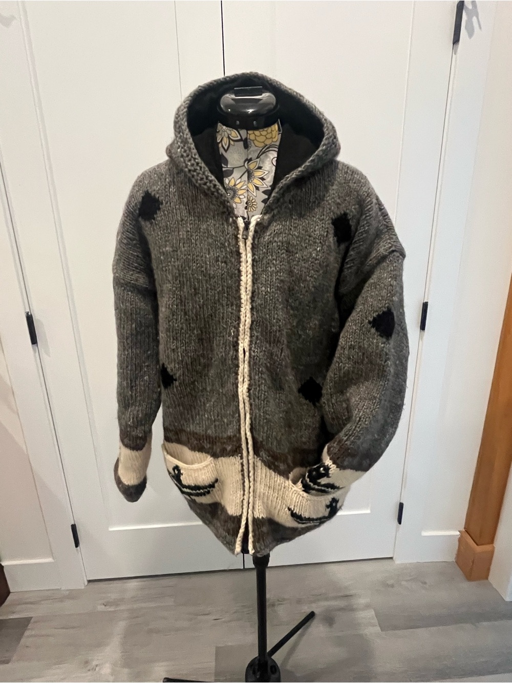Cozy Hooded Knit Bomber Jacket - Charcoal with Cream Accents - Cowichan style.